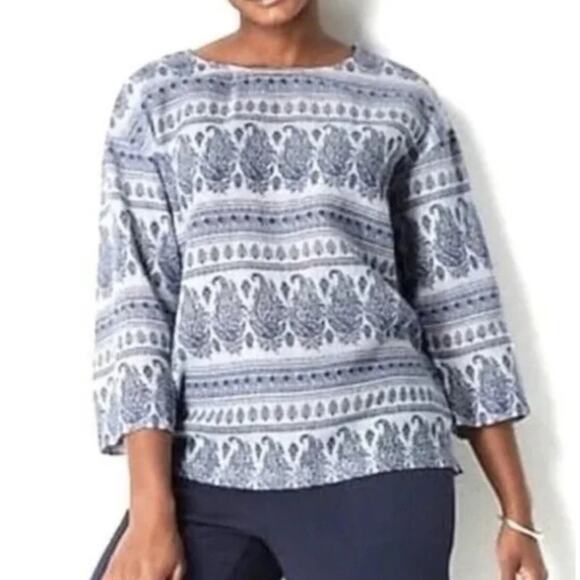 J. Jill Tops - J. Jill Pure Jill Women Woven Hemp Pullover Top Medium Blue Paisley 3/4 Sleeve